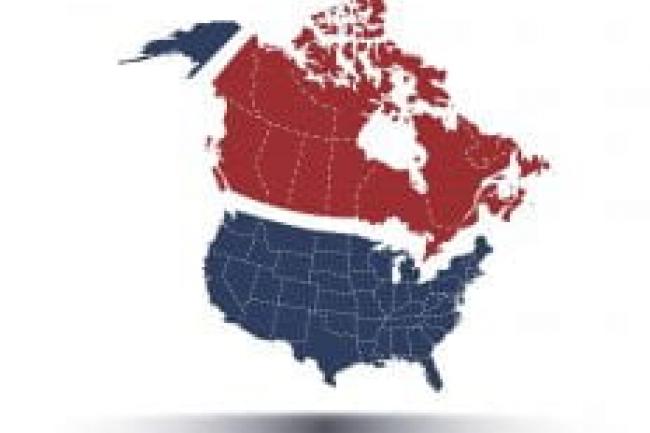 Report cover titled "Border Barometer" depicting outlines of Canada in red and the United States in Blue.